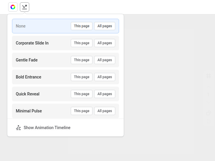 Page Presets animation popout in the Easil editor